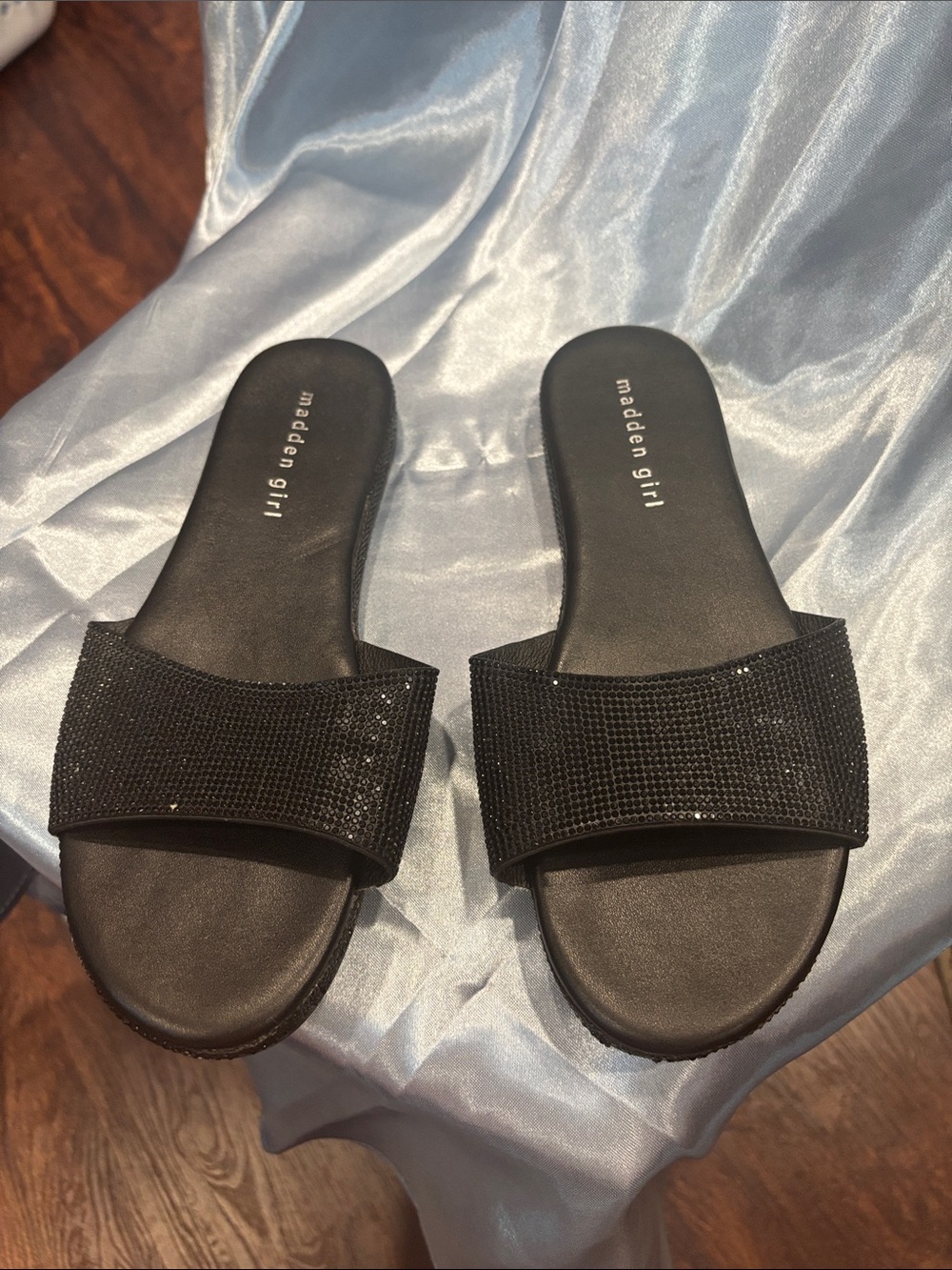 Madden Girl Black Slide Sandals with Sparkling Embellished Strap
